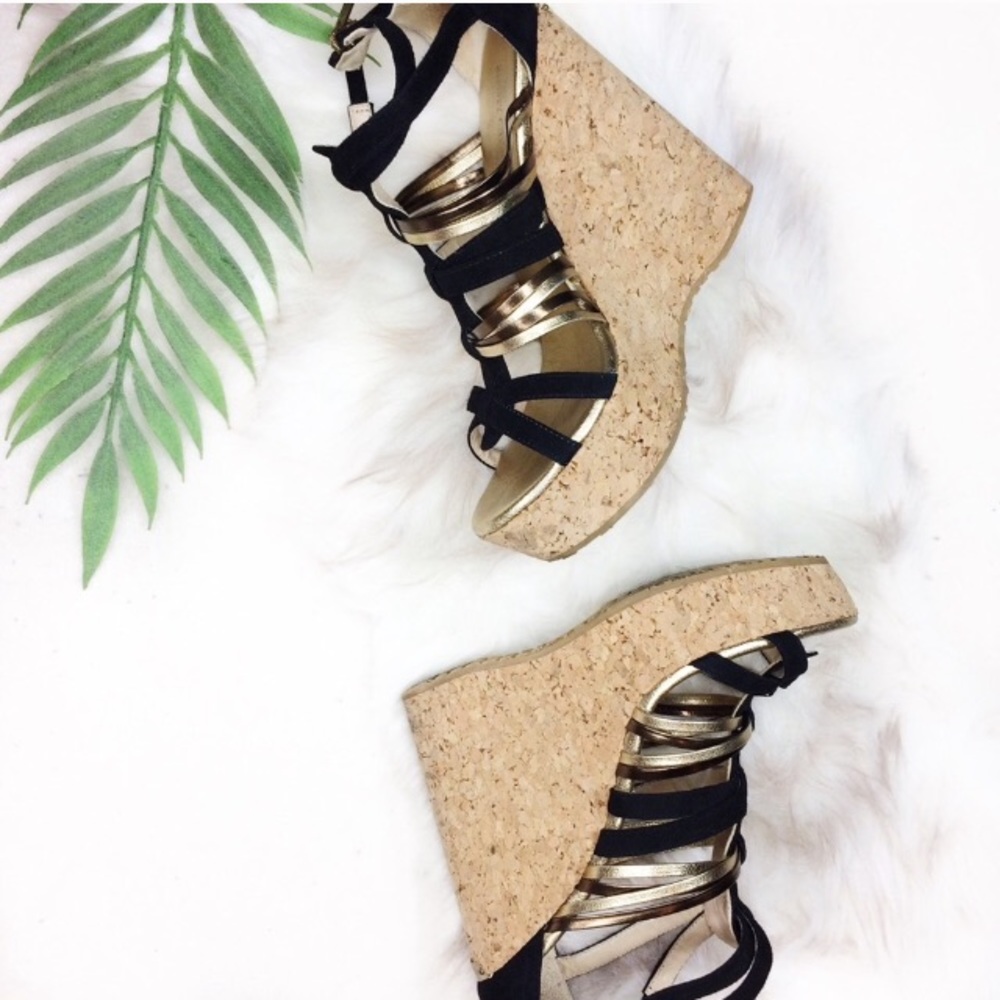 Jimmy Choo Black and Gold Strap Wedges